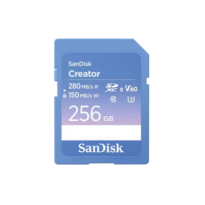 SanDisk Creator SD card with 256GB capacity on a white background