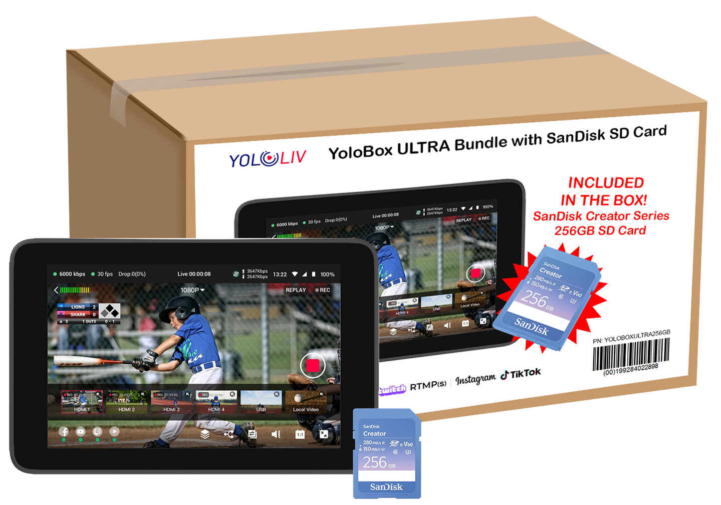 YoloBox ULTRA Bundle with SanDisk SD Card packaging featuring YoloBox Ultra live streaming tablet and a SD card.