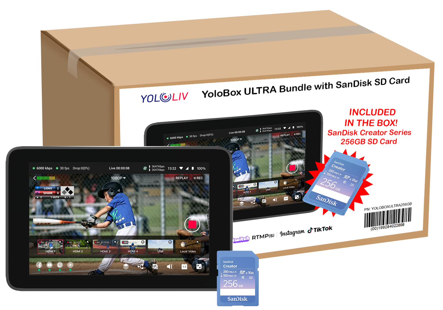 YoloBox ULTRA Bundle with SanDisk SD Card packaging featuring YoloBox Ultra live streaming tablet and a SD card.