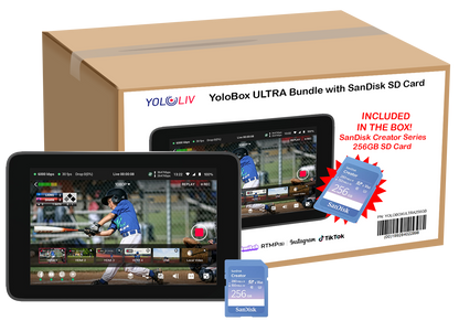 YoloBox ULTRA Bundle with SanDisk SD Card packaging featuring YoloBox Ultra live streaming tablet and a SD card.