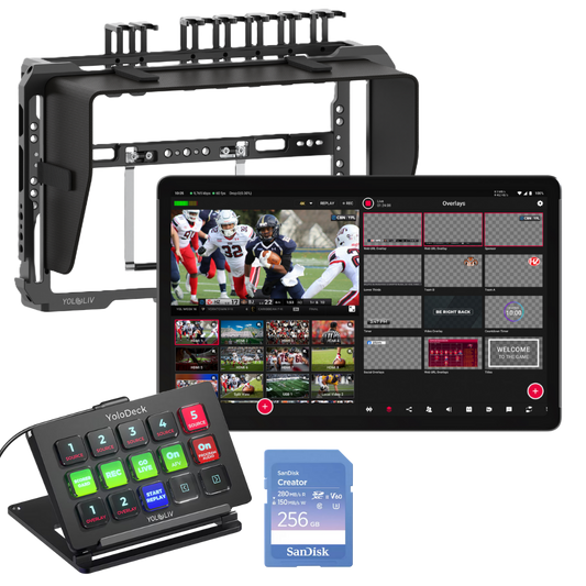 Video production setup with YoloBox Extreme monitor, control panel, and SanDisk memory card on a white background