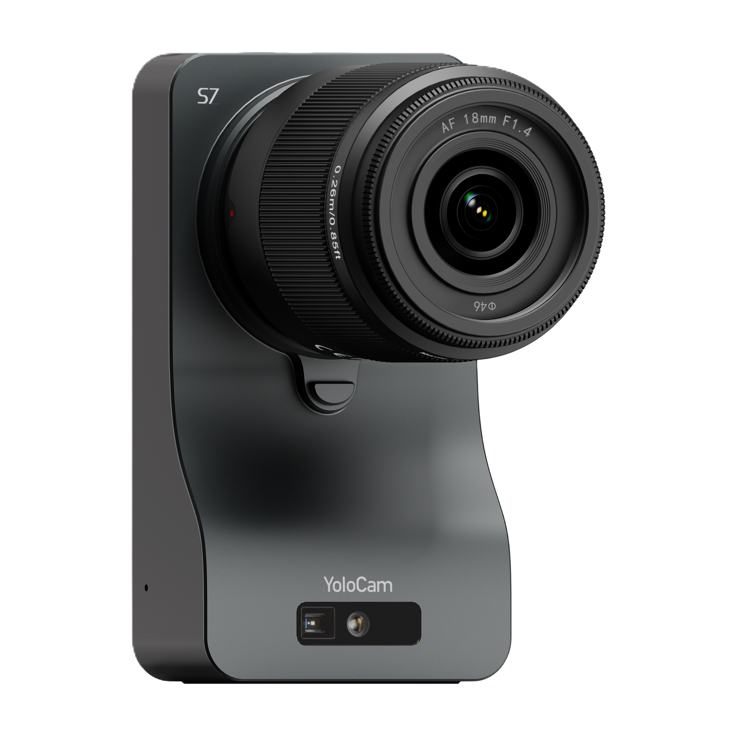 Black camera with lens on a gray base, branded 'YoloCam', on a white background