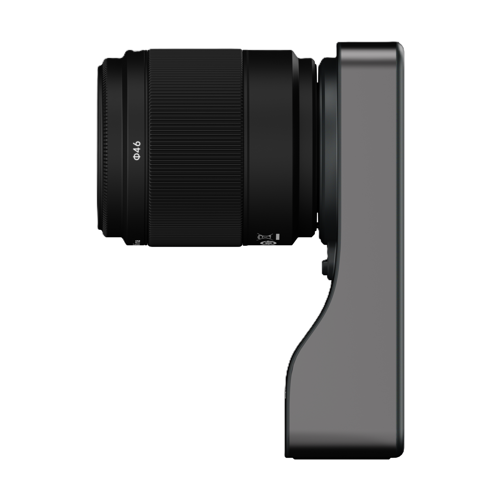Camera lens with a black body and silver mount on a white background