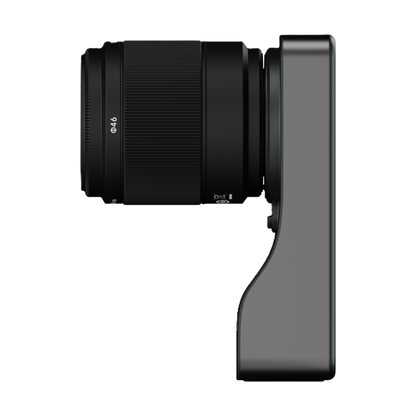 Camera lens with a black body and silver mount on a white background