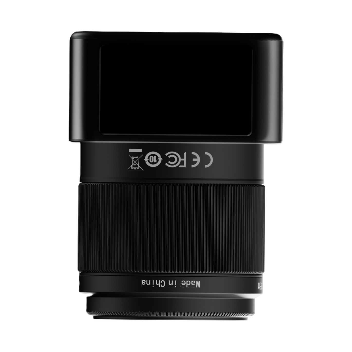Camera lens with a screen on a white background