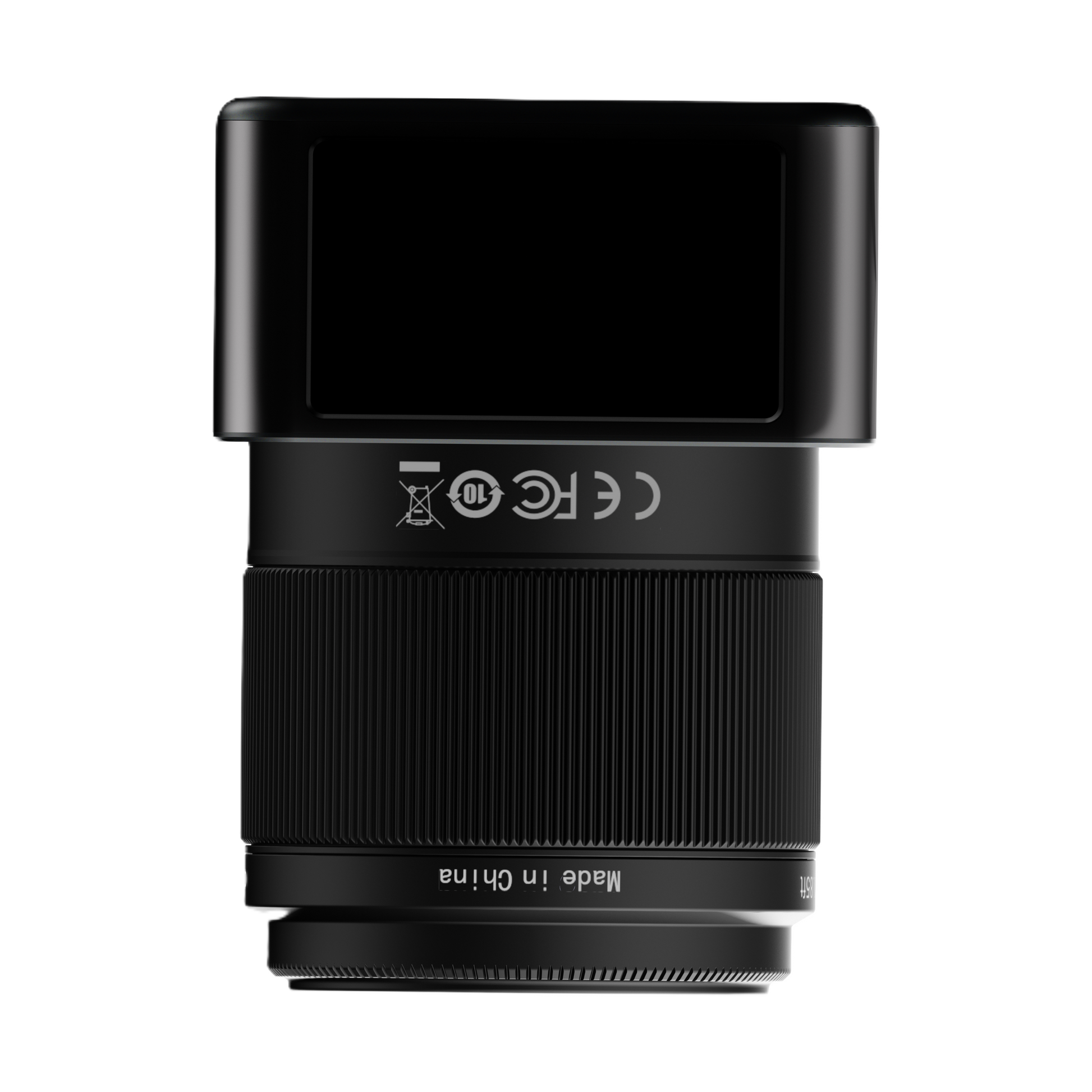 Camera lens with a screen on a white background