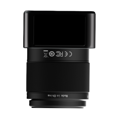 Camera lens with a screen on a white background