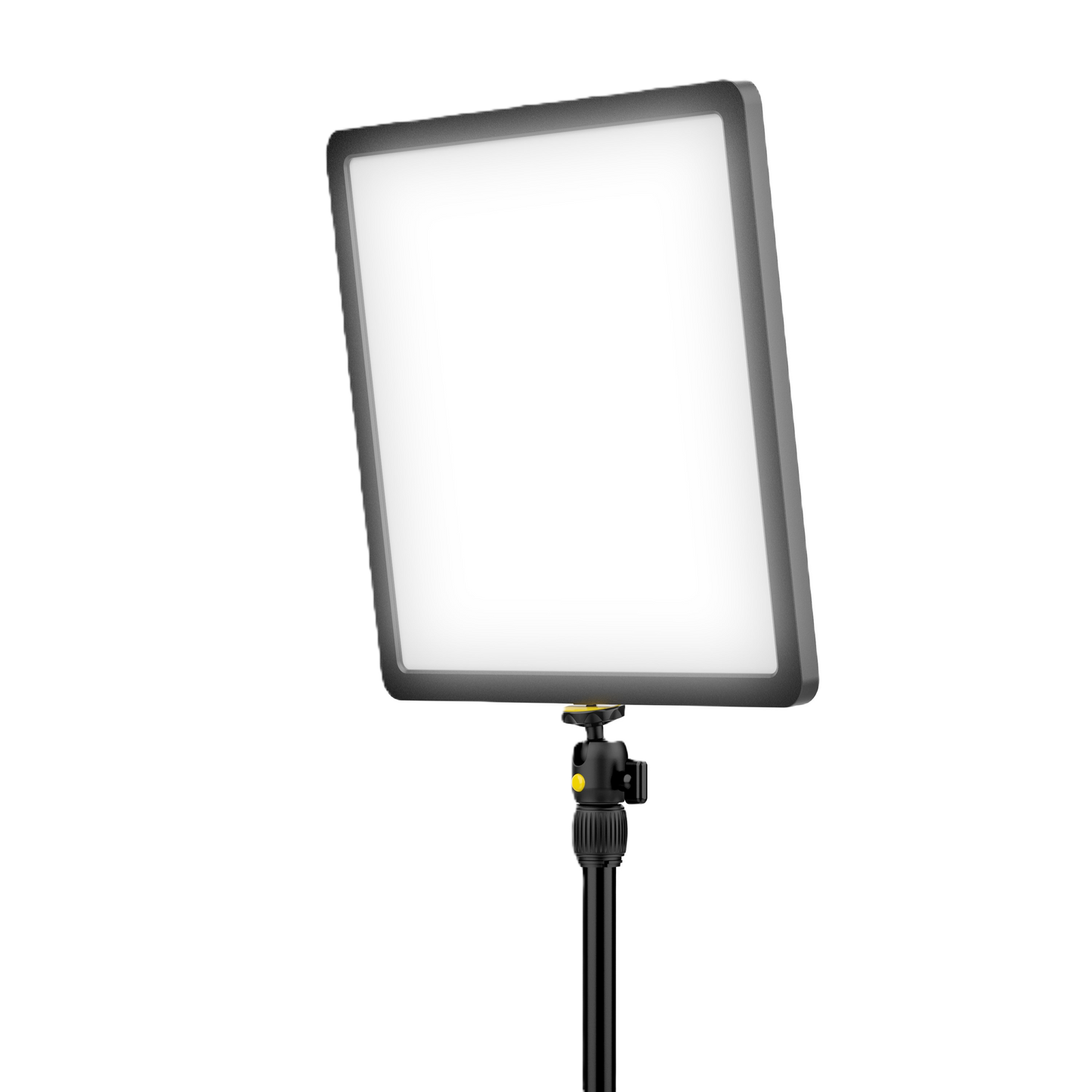 A square LED light panel with a black frame, shown illuminated on a stand against a plain white background.