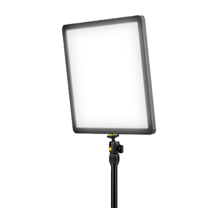 A square LED light panel with a black frame, shown illuminated on a stand against a plain white background.