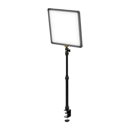 A square LED light panel with a black frame, mounted on a black adjustable stand with a clamp at the bottom, shown against a plain white background.