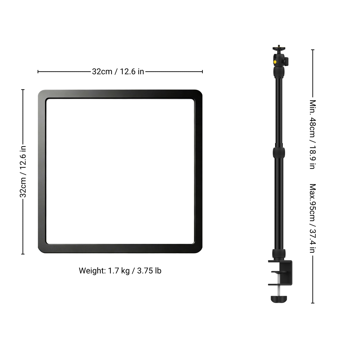Product dimensions diagram showing a square black light panel with a stand, labeled 32cm by 32cm, with weight 1.7 kg / 3.