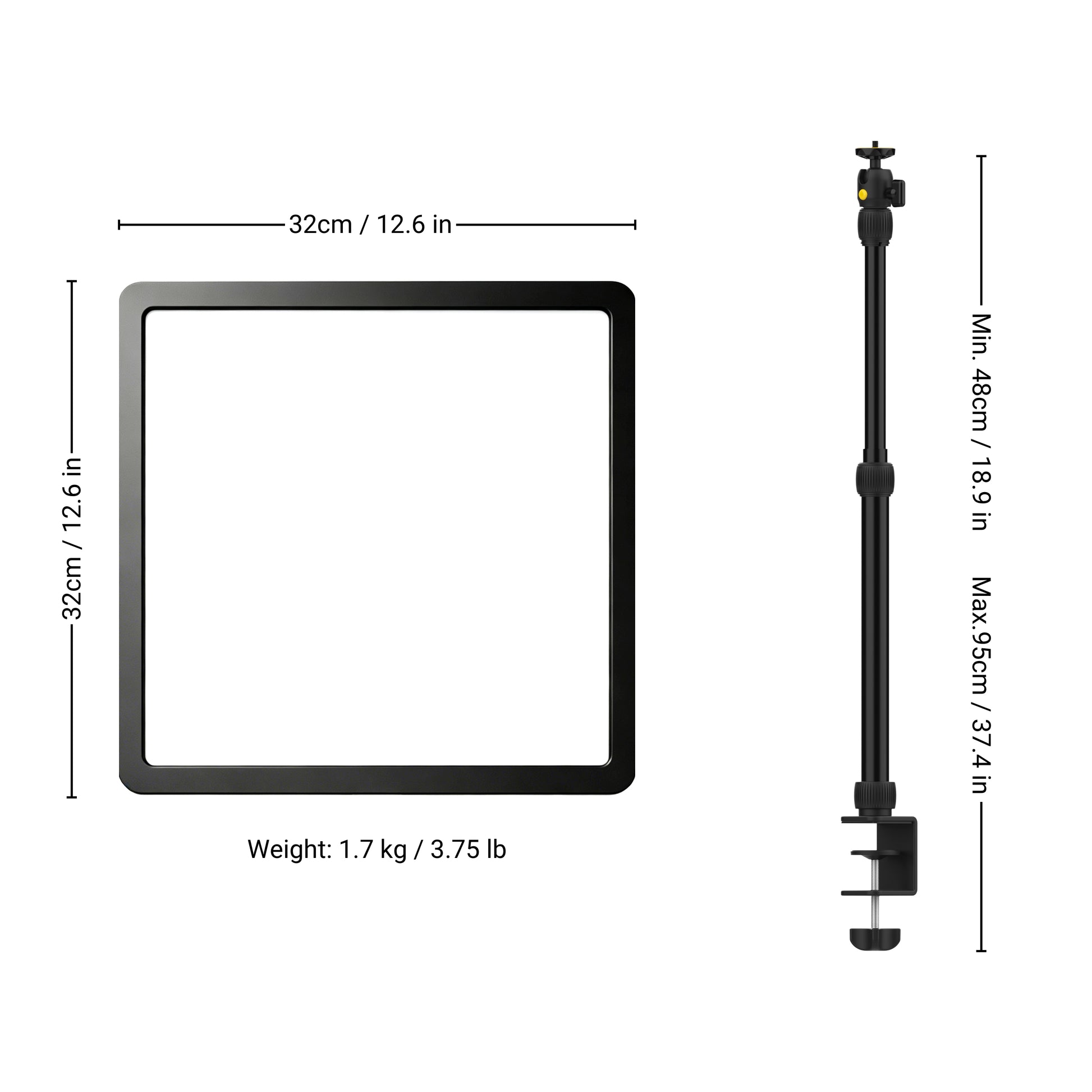 Product dimensions diagram showing a square black light panel with a stand, labeled 32cm by 32cm, with weight 1.7 kg / 3.