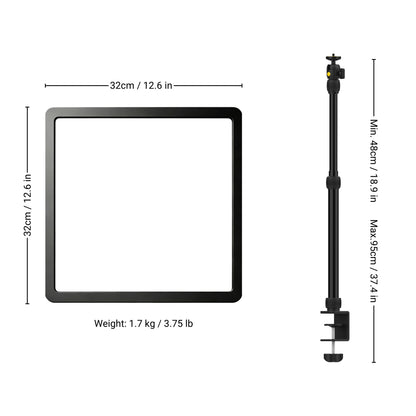 Product dimensions diagram showing a square black light panel with a stand, labeled 32cm by 32cm, with weight 1.7 kg / 3.