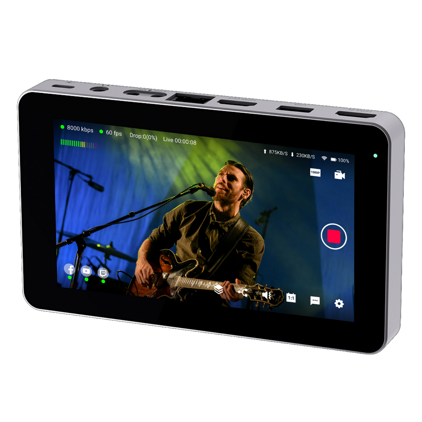 YoloBox Mini Portable device displaying a live stream of a person playing guitar on stage.