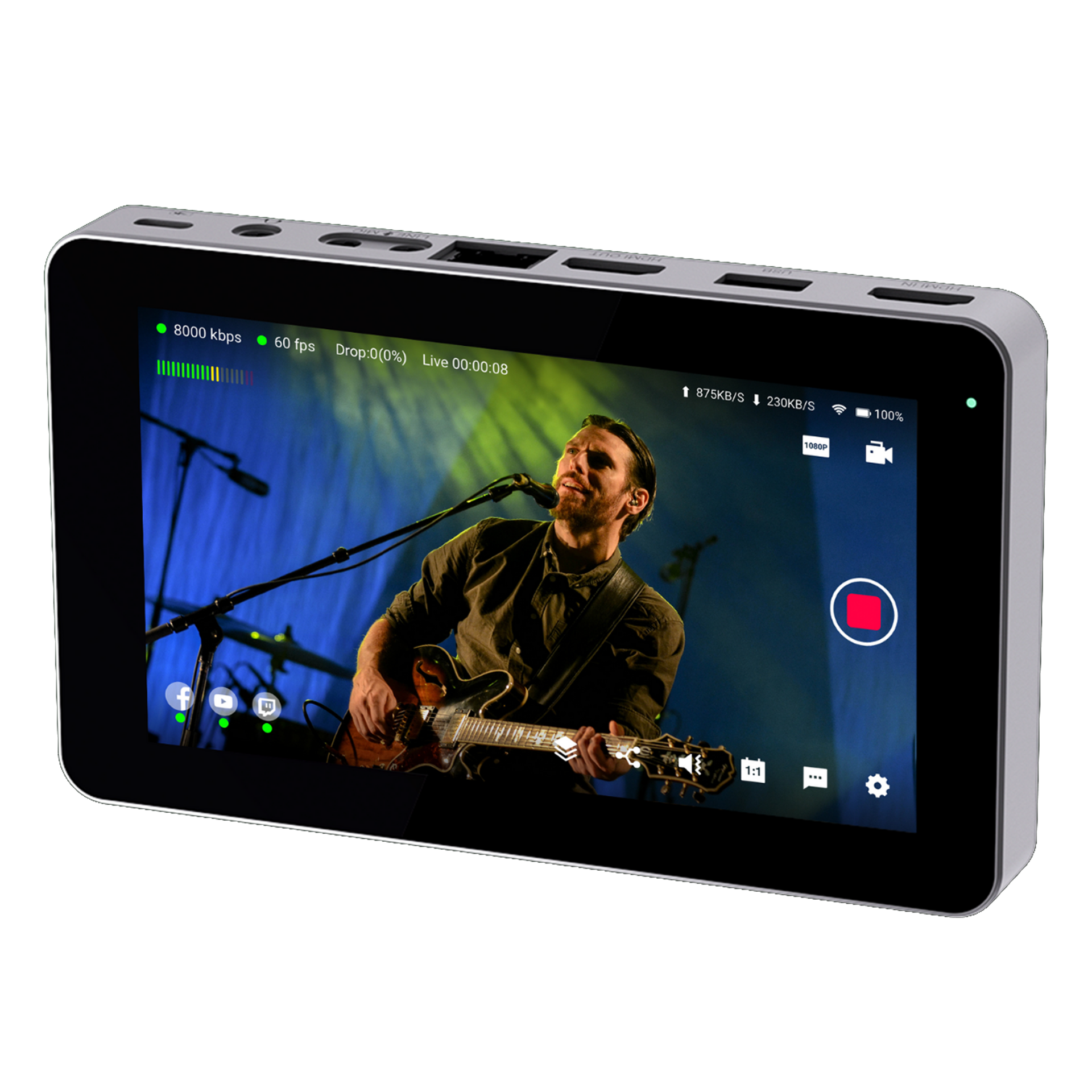 YoloBox Mini Portable device displaying a live stream of a person playing guitar on stage.