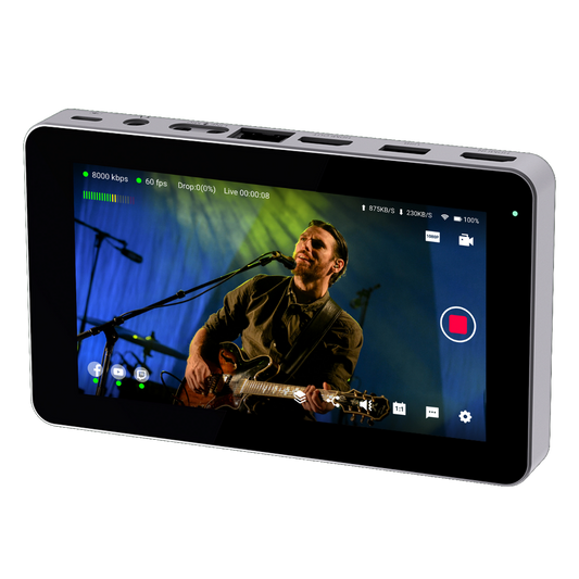 YoloBox Mini Portable device displaying a live stream of a person playing guitar on stage.