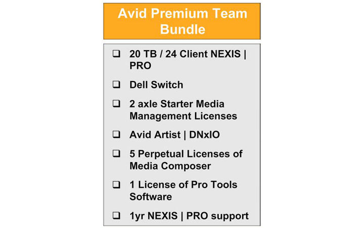 Avid Premium Team Bundle with Avid NEXIS | PRO, Dell Switch, DNxIO, ProTools and 5 Media Composer (Academic)